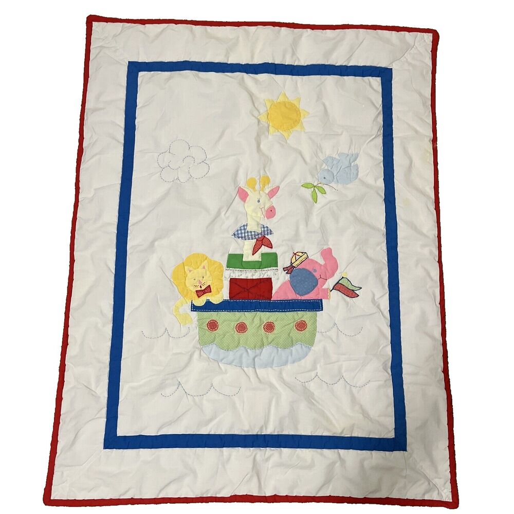 Vintage Baby Togs Quilt Red Blanket Giraffe Lion & Elephant Pastel 45" X 35"